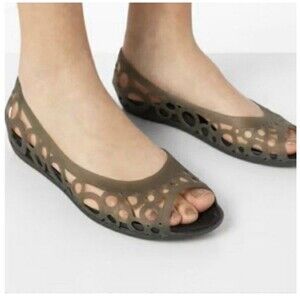 Crocs Adrina Open Toe Flats Size 9 Brown Green Jelly Slip On Comfort Shoes